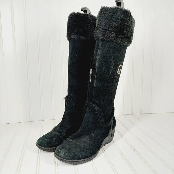 Guess Black Suede Leather Fur Winter Wedge Heel Riding Grip Sole Boots C267 - Picture 2 of 11